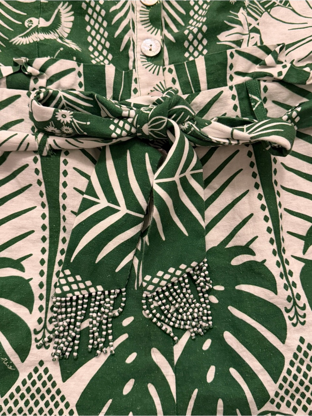 Farm Rio Green & White Tropical Print Romper with Beaded Belt and Pockets - Picture 5 of 17